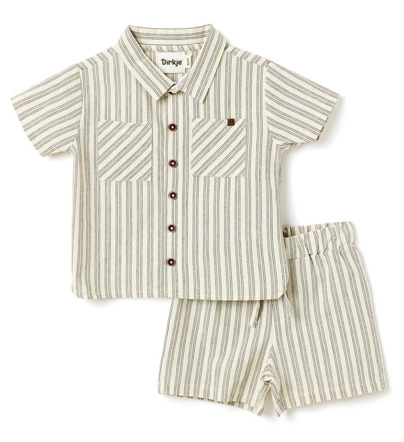 Dirkje Boys 2 Pc Set “Coastal Stripe” Collared Button-Front Shirt & Draw-Waist Shorts Set - Image 2